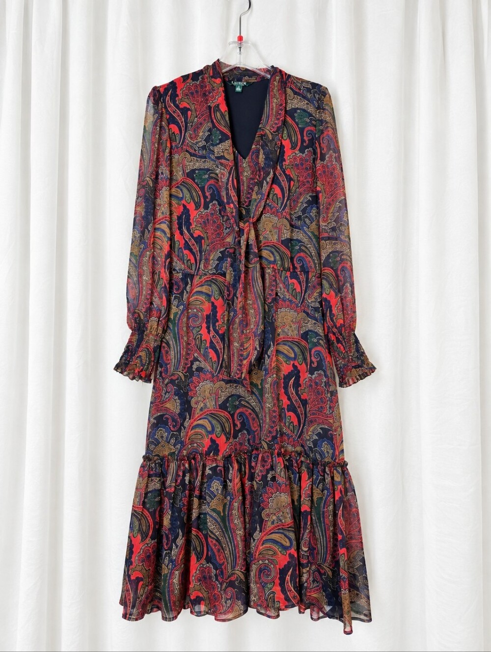 Lauren Ralph Lauren Georgette Multicolor Paisley Tie Neck Blouson Midi Dress